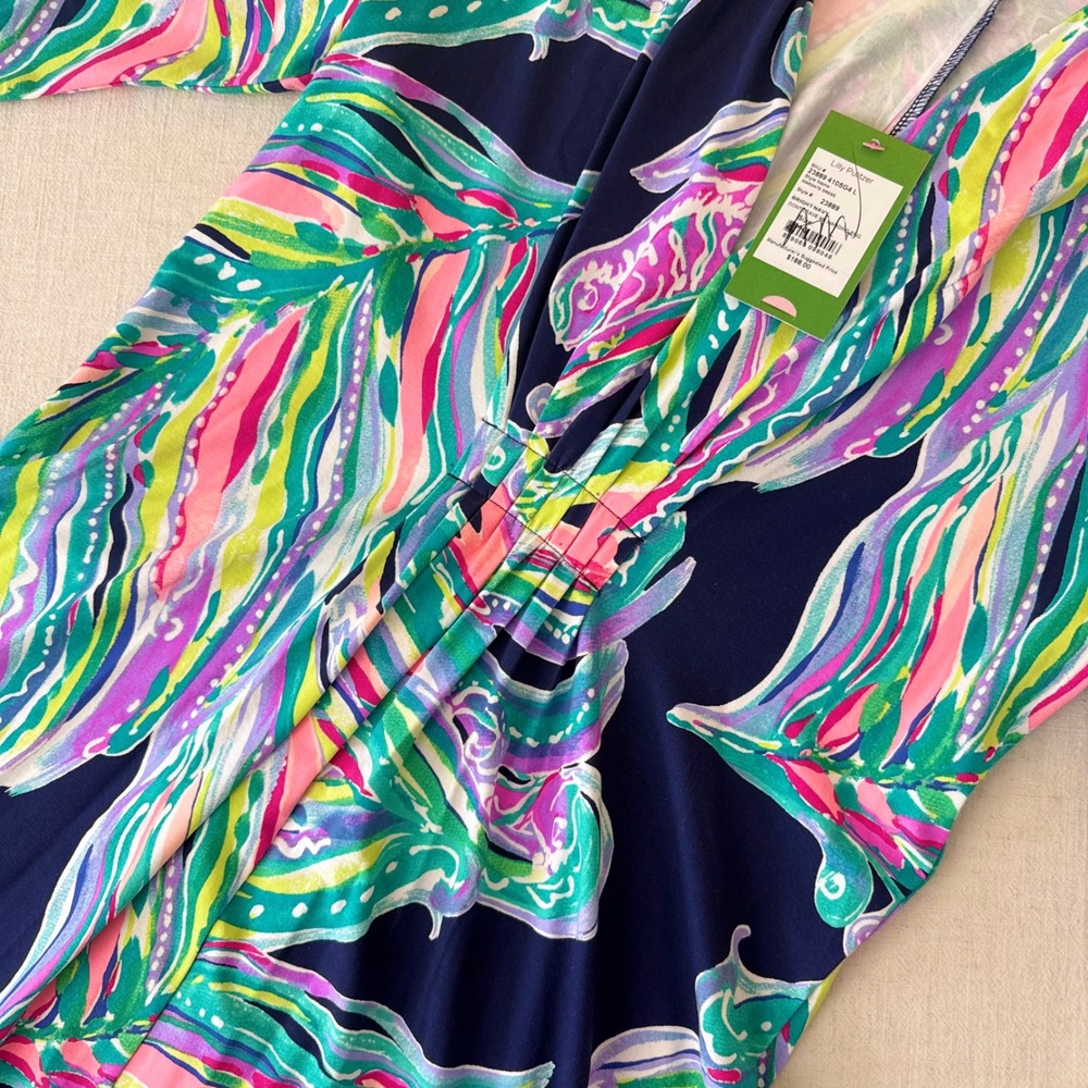 Lilly Pulitzer Margate Dress Bright Navy Dont Leave Me Hanging Floral Large - Picture 5 of 10